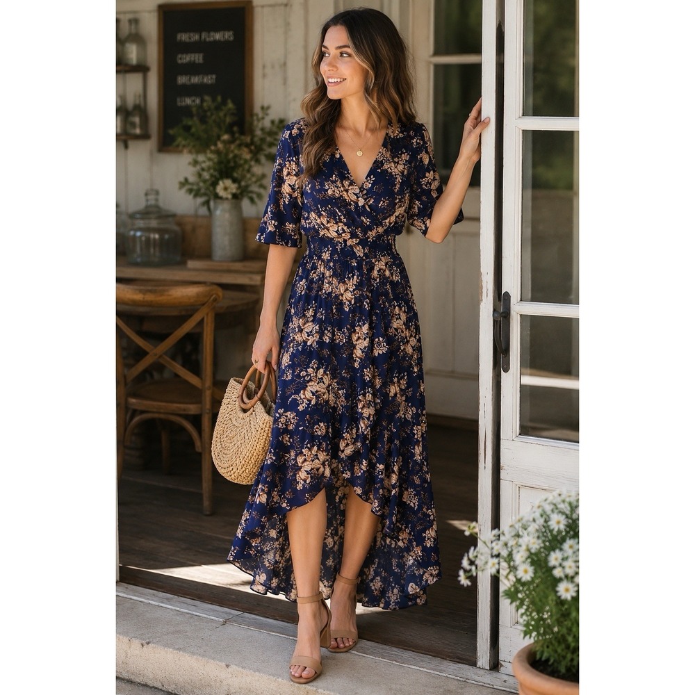 Kormei XL Navy Floral High Low Wrap Dress Boho Cottagecore Flowy Midi Maxi